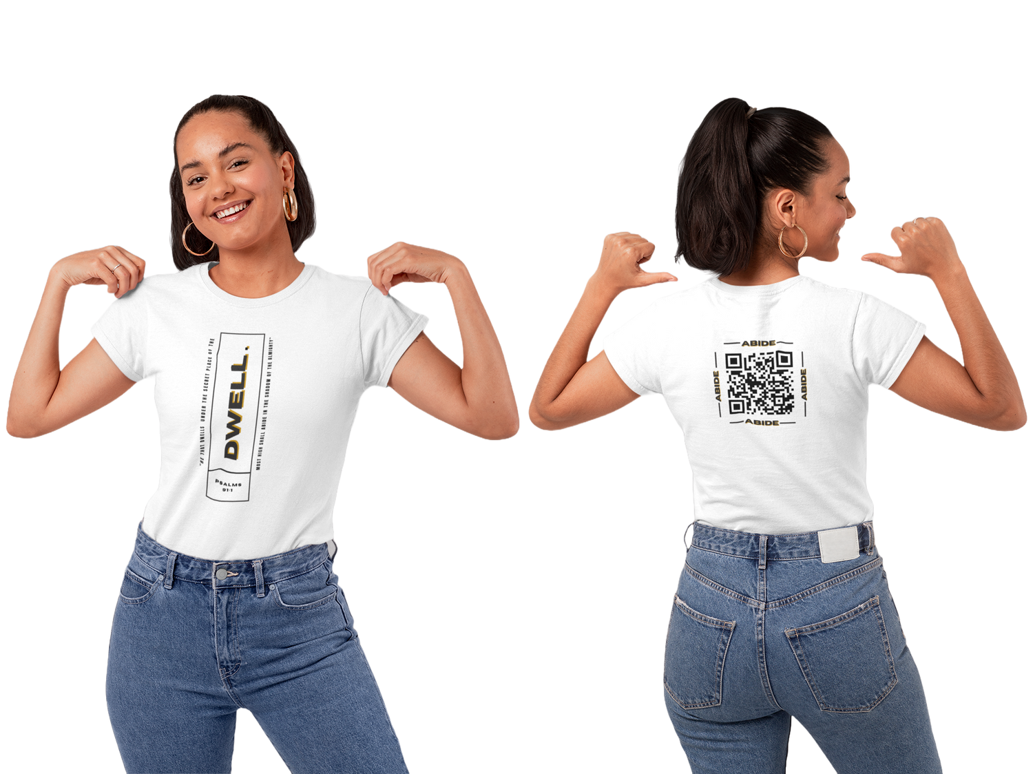 Christian T Shirt. Woman wearing a white t-shirt with text Dwell on the front and QR code on the back, posing with arms flexed.