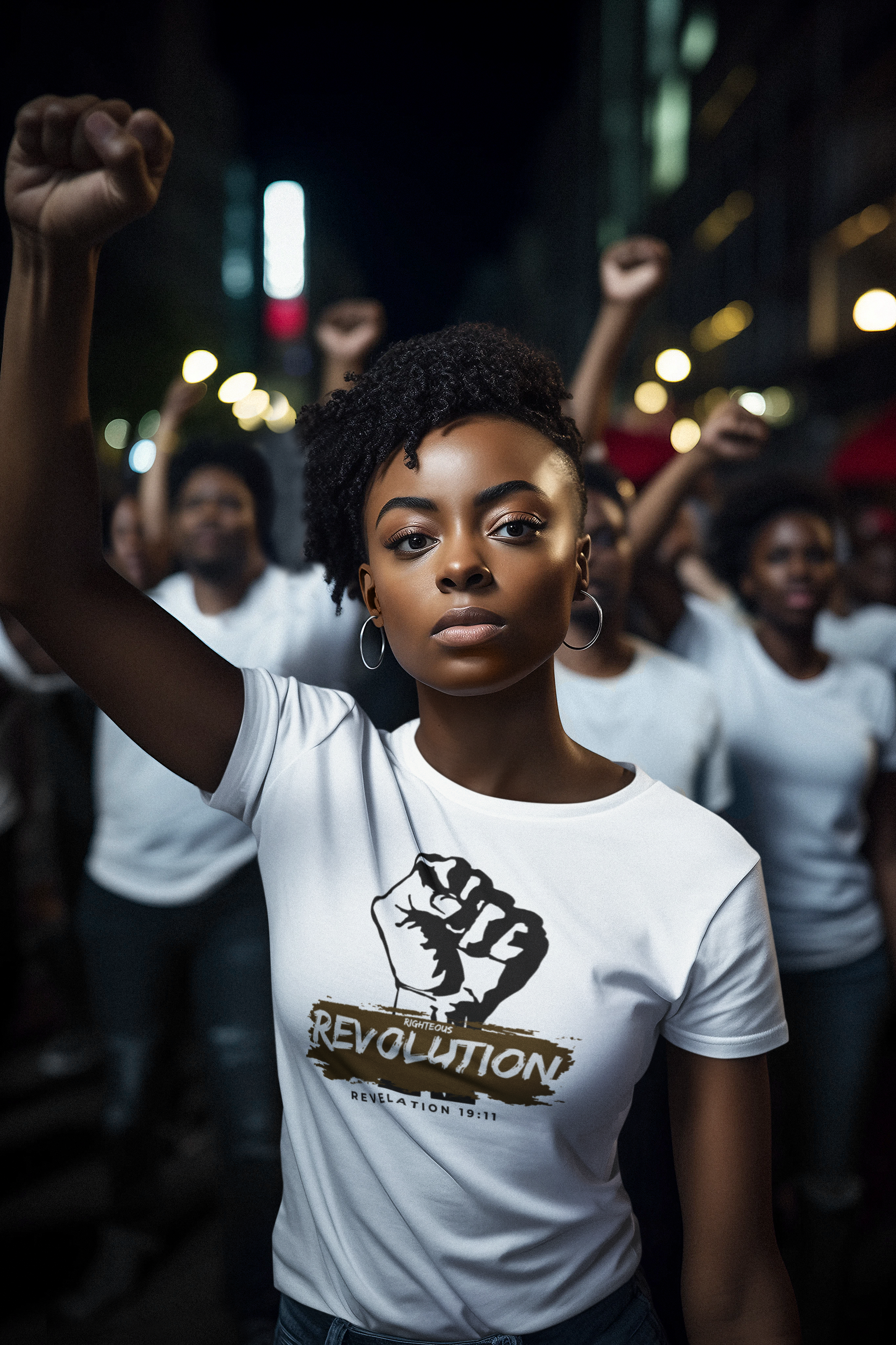 Christian T Shirt. Person wearing a white t-shirt with a graphic design and text, standing in a crowd with raised fist.