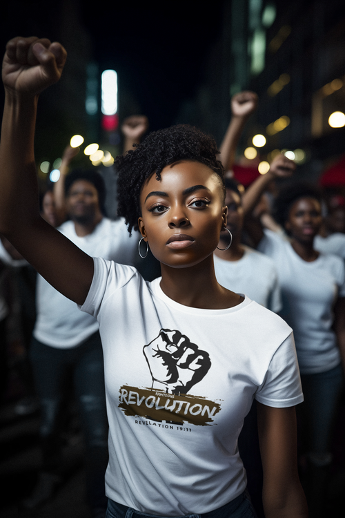 Christian T Shirt. Person wearing a white t-shirt with a graphic design and text, standing in a crowd with raised fist.